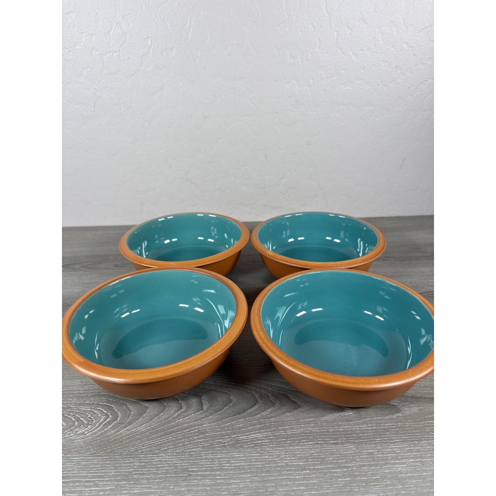 Crown Corning Japan Set of 4 Terracotta Teal Blue Stoneware Cereal Soup Bowls